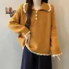 Novo suéter de tricô com gola polo de renda color block vintage para outono e inverno, top casual versátil para moda feminina