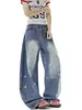 Calça Jeans Scimitar Bordada Estrela de Dopamina para Mulheres e Homens, Calça Wide-Leg Vintage Desgastada de Primavera, Calça Casual Solta Versátil