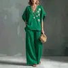 2026 Novo Estilo Transfronteiriço Amazon Conjunto Feminino de 2 Peças Tamanho Plus Algodão Linho Conjunto Casual Calça Longa Solta de Cintura Alta