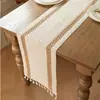 Camino de mesa con flecos hechos a mano a rayas de imitación de algodón y lino splicing transfronterizo de Amazon, mantel para decorar gabinetes de TV, mesas de centro y aparadores