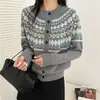 Casaco Cardigan Jacquard Fair Isle para Mulheres, Primavera e Outono 2026 Novo Vintage Tricô Grosso Cardigan, Blusa Casual Solta