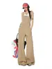 Yechuan # Peto Recto Color Caqui para Mujer, Mono de Mezclilla Versátil Holgado de Cintura Alta Estilo Retro Americano con Pantalones de Pierna Ancha.