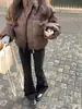 Jaqueta casaco de couro PU acolchoado de algodão com gola alta vintage marrom de manga comprida para mulheres, inverno, solta, quente, roupa pão, jaqueta curta acolchoada de algodão
