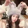 Gorro de peluche lindo y dulce con orejas de conejo estilo coreano para mujer, cálido y a prueba de frío para otoño e invierno, gorro de punto versátil y que estiliza el rostro