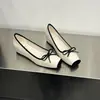 Sapatilhas de Ballet Patchwork com Laço para Aumentar Altura 5cm para Mulheres, Novo Estilo 2025, Sapatos Mary Jane Planos com Bico Quadrado Inspirados na Chanel