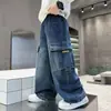Roupas Infantis Calças de Trabalho para Meninos 2026 Novo Estilo Jeans para Meninos Crianças Maiores Estilo Coreano Calças Longas Calças de Pernas Largas Outono de Pernas Retas