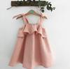 Ins Nova Menina Algodão Linho Cor Sólida Vestido de Alça Moda Saia Plissada Franzida Vestido de Menina Transfronteiriço