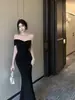 Vestido Longo Bodycon 2026 Estilo Férias Nicho Cotidiano Ombro a Ombro Emagrecedor Cintura Marcada Patchwork