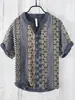 Camisa Polo de Hombre con Cuello en V Estampado Digital 3D, Lino de Bambú, 3 Materiales, Botones, Estilo Ukiyo-e Japonés, Transpirable y que Absorbe la Humedad