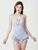 Traje de baño para mujer con un diseño fresco, a cuadros, con volantes, strapless de una pieza que disimula el abdomen y estiliza, adecuado para estudiantes, con un conjunto de dos piezas de manga larga conservador para cubrir