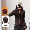 Top de Yoga Espesso com Gola Alta e Forro de Fleece Manga Longa Feminino Fitness Slim-Fit Jaqueta Esportiva Cardigan Outerwear com Zíper Duplo Primavera