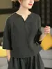 Elegante Camisa con Escote en V Pequeño y Mangas a Media Longitud, Top sin Botones