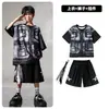Ropa de Moda Hip-Hop para Niños Traje Negro de Manga Corta con Chaleco Falso para Niños Ropa Genial de Percusión para Actuación de Niñas