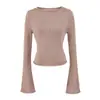Blusa de tricô feminina estilo coreano com mangas sino vazadas, outono casual, slim fit, cor sólida, visual emagrecedor, peça para cobrir da moda