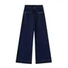 Jeans de Pierna Ancha Fluidos Azul Denim, Pantalones Largos Hasta el Suelo Ajustados de Pierna Recta Elásticos de Cintura Alta para Primavera y Otoño, Azul Oscuro