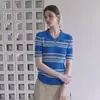Camiseta de Manga Corta con Cuello Polo a Rayas de Bloques de Color Estilo Francés para Mujer Verano Retro Punto de Alta Gama Hombro Normal Top Básico