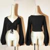 Ropa de Práctica Negra de Manga Larga Estilo Tailandés Corta Sexy que Muestra el Ombligo, Tops de Práctica de Baile para Exámenes de Arte