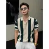 Cardigan de Tricô Manga Curta Color Block Estilo Old Money Masculino Verão Fino Vazado Respirável Camisa POLO Slim Fit Camiseta Jacquard