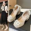 Zapatos de tacón alto de suela gruesa para mujer, tacón grueso, plataforma impermeable, punta cuadrada, niño único, cheongsam Hesu, vestido de novia, zapatos de boda de doble uso, zapatos de novia