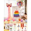 Decoración de primer cumpleaños con notas adhesivas de colores, pastel, tablero KT, globos para niños y niñas, accesorios para fotos de escena de hotel, pared de fondo