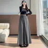 Calça flare casual cinza de perna larga para mulheres, calça social reta de cintura alta com caimento premium, calça longa casual A13501
