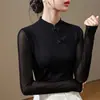 2026 Nuevo Modelo Nuevo Estilo Chino Botones Cuello Alto Base de Malla Camisa Interior, Estilo Tradicional Cuello Diagonal Ajustado Manga Larga Top Interior para Mujer