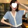 3422A34 Cárdigan de Punto Dulce con Cuello en V y Mangas Cortas 2024 Nuevo Top Corto Holgado Imitación de Algodón Moderno y Versátil