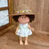 [Solo Ropa] Ropa para Muñeco de Papa Español de 24 cm Algodón Lazo Verde Vestido Blanco Conjunto de Sombrero de Paja con Piedras