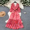 Vestido Largo Estampado con Mangas de Linterna para Mujer, Cuello en V, Cintura Ceñida, Corte A, Atuendo de Vacaciones, Otoño 2026, Estilo de Alta Gama