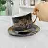 Conjunto de Xícara e Pires de Porcelana Caveira com Esmalte Preto Retrô, Xícara de Café com Borda Dourada de Luxo Leve, Presente de Casamento e Negócios, Venda Direta da Fábrica