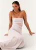 G26D430 Vestido largo strapless estilo celebridad de internet transfronterizo con empalme de encaje en la cintura, vestido ajustado transparente con nudo retorcido