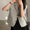 Jaqueta de terno casual curta de manga curta, lapela coreana, três botões, tamanho plus size, solta, tamanho único
