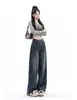 Jeans Azules Retro Americanos de Pierna Ancha para Mujer, Estilo Nuevo de Cintura Alta para Otoño, Pantalones Rectos Adelgazantes de Talla Grande