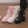 Sapatos Doces de Renda com Laço Botas de Couro de Princesa Botas com Cadarço de Corrente Botas Curtas Salto Médio Grosso Botas de Exportação