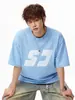 Camiseta de Manga Corta de Algodón Puro Estampada con Bloques de Color para Hombre, Verano Estilo Americano High Street Camiseta de Marca de Moda con Textura de Ajuste Holgado para Pareja