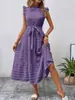 2026 Ropa de mujer transfronteriza europea y americana Amazon verano nueva moda vestido texturizado con volantes en las mangas y cinturón de corbata