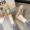 Zapatillas de Media Caña Baotou para Mujer Verano Exterior Sin Tacón Con Cordones Estampado de Leopardo Zapatos de Pescador Planos de Media Espalda Zapatos de Una Sola Capa Sandalias Tejidas de Paja