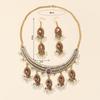 Collar y pendientes con incrustaciones de gemas de ojo de caballo rosa estilo palacio vintage, colgante de perla con borla larga, joyería