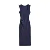 Vestido Ajustado de Verano Nuevo Pure Desire Hot Girl Cuello Cuadrado Sin Mangas Cintura Fruncida Color Sólido Elegante Largo para Mujer