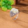 One Deer Silver S925 Prata Esterlina Hotan Jade Branco Rolo Padrão de Grama Pixiu Moeda Vintage Estilo Antigo Moda Elegante Anel