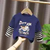 Estilo Novo Primavera e Outono Infantil Estilo Coreano Chique Moda Versátil Falso Duas Peças Camiseta Meninos Desenho Animado Algodão Puro Manga Longa Camisa Tendência
