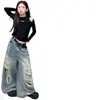 Camiseta base de moda para niña sin hombros, camiseta de manga larga ajustada, jeans vintage modernos rotos, elegante conjunto de dos piezas
