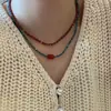 Corrente de Clavícula Vintage com Contas para Mulheres, Contas Vermelhas e Azuis, Design de Nicho, Elegante Colar Corrente para Férias na Praia