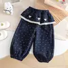 Colección Otoño 2026 Pantalones de Campana con Estampado de Corazones de Dibujos Animados y Adorno de Encaje para Niñas en Azul Oscuro, Pantalones Casuales Cómodos y Versátiles