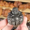 Talla de Madera de Agarwood Indonesio de 4 cm del Buda Maitreya Sonriente, Figura Hecha a Mano de Madera Maciza, Pieza Decorativa