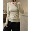 Primavera Nuevo Estilo Coreano Artístico Elegante Camiseta Básica con Cuello U Casual Cómoda Suave Cera Ajustada Adelgazante Top de Punto para Mujer