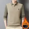 Camisa Polo para Hombre, Nuevo Estilo Otoño/Invierno, Forro Polar, Engrosada, Polar Integrado, Cálida, Cuello Campana, Falso Dos Piezas, Rayas, Top de Manga Larga
