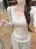 Camisa Base Feminina de Renda Doce e Picante com Ajuste na Cintura, Suéter de Tricô Redutor de Idade com Laço para Outono/Inverno/Primavera
