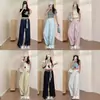 Pantalones Casuales de Bloques de Color en la Cintura con Rayas Onduladas 2026 Moda Cinturón de Borlas Pantalones de Pierna Ancha Verano Delgados de Cintura Alta Adelgazantes Pantalones Largos