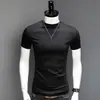 Camiseta Básica de Algodón Puro para Hombre de Verano con Cuello Alto y Manga Corta, Color Sólido Activo, Juvenil, Corte Ajustado, Moda